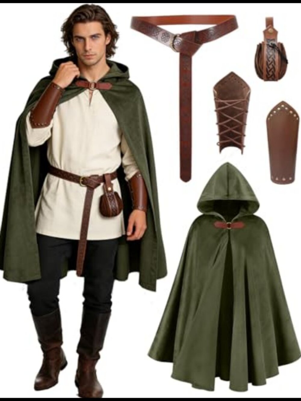 Renaissance Hooded Cloak Medieval Costume Cape Belt Pouch Bracers Set